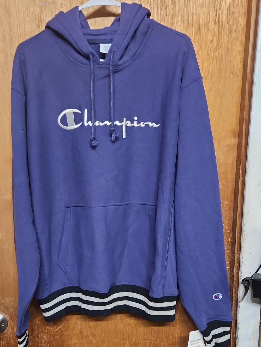 Champion Purple Crewneck Hoodie with Striped Hem